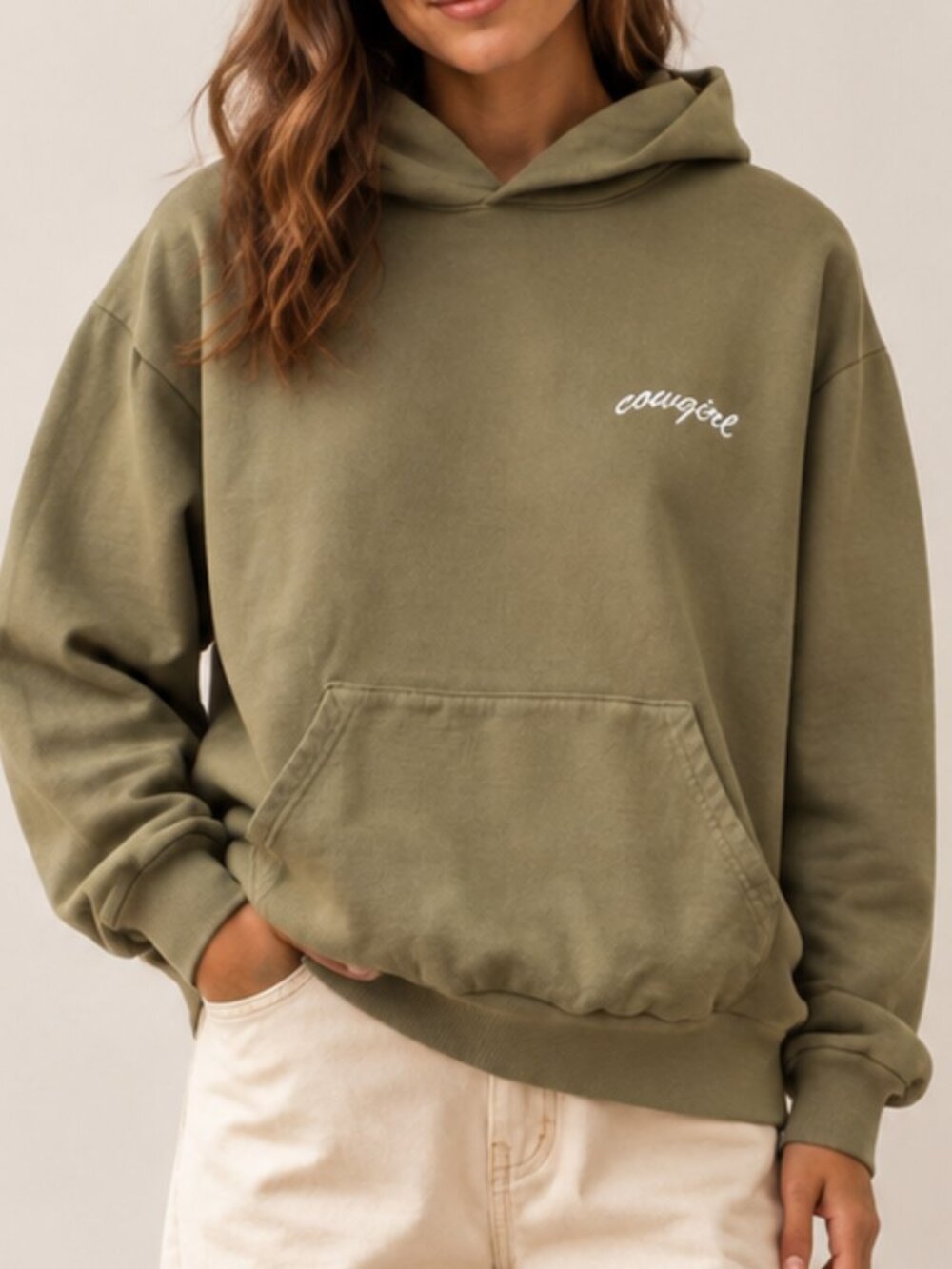 Cowgirl Small Script Pullover Hoodie Olive Green Small